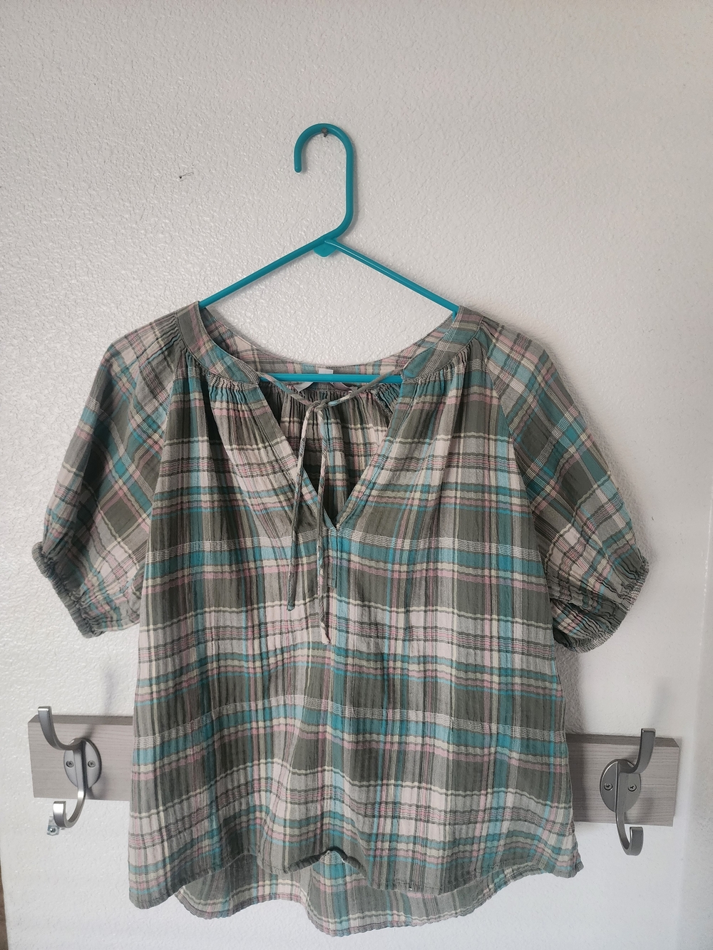 LOFT Plaid Split Tie Neck Puff Sleeve Peasant Blouse Top XS